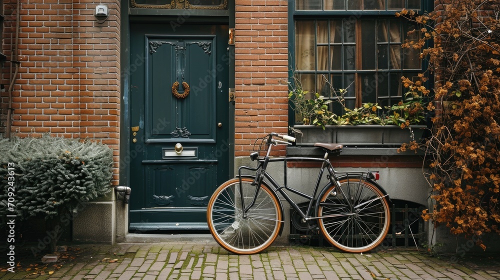 Autumn Serenity: Vintage Bicycle by a Traditional Dutch Door