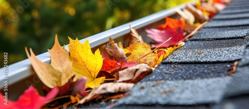 Clogged gutter due to fall foliage in eaves.
