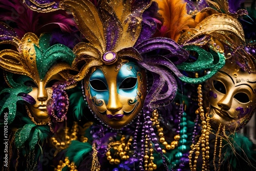"Dazzling Mardi Gras decorations adorning the streets, capturing the essence of the lively carnival spirit in a burst of colors."