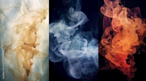 A triptych of abstract images representing streams of smoke in pastel, blue and red-orange hues, creating an impression of fluidity and lightness against a dark background