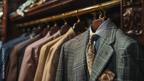 Selective focus on the men's wardrobe in the Old Money Aesthetic style