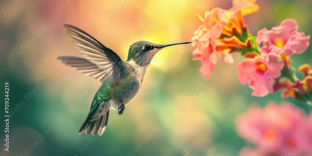 Fototapeta premium Hummingbird Feeding on Pink Flowers