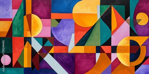 A vibrant abstract composition of intersecting geometric shapes and bold colors. photo