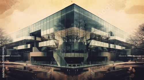 Multi-exposure photograph of a modern building with mirrored facades, complex geometry and reflections, creating a surreal sense of space