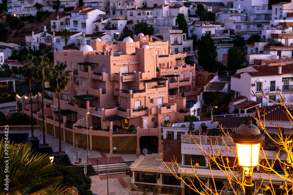 View of the city of Nerja, Andalusia, Spain. Sunrise over the seaside town. View of the city of Nerja, Andalusia, Spain. Sunrise over the seaside town.