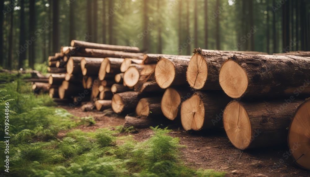 Lumber in the forest, cut wooden logs in the stack. Logging, harvesting wood for fuel and firewood Lumber in the forest, cut wooden logs in the stack. Logging, harvesting wood for fuel and firewood