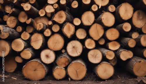 Lumber in the forest, cut wooden logs in the stack. Logging, harvesting wood for fuel and firewood