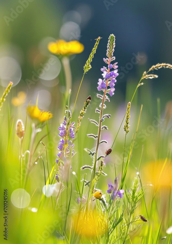 Close up of wildflowers sunlight bokeh effect vibrant meadow natural background © dvoevnore