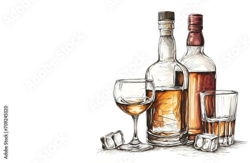Bottles and glasses with alcoholic beverages on white background, space for text on the left, color sketch illustration