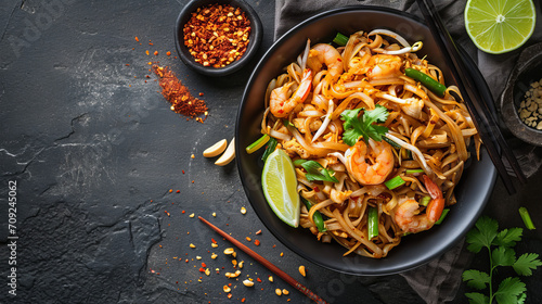 pad thai with bean sprouts, shrimp and coriander, served in a bowl, top view with copy space