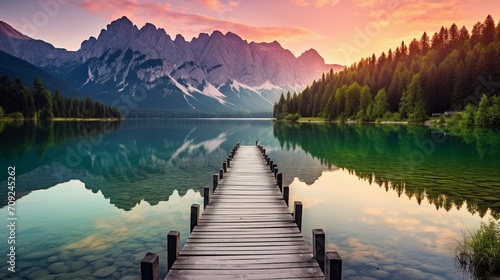 A wooden dock leads to the water of an emerald lake, surrounded by mountains and forests at sunset