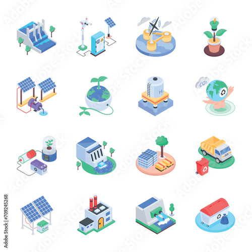 Isometric Icon Set Depicting Renewable Energy 

