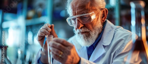 Proportions matter, as a mature gentleman in a lab coat attentively adds chemical liquid to a test tube with a pipette. photo