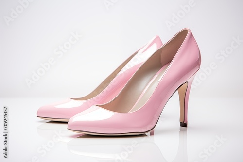 A pair of patent leather pastel pink shoes on a white background.
