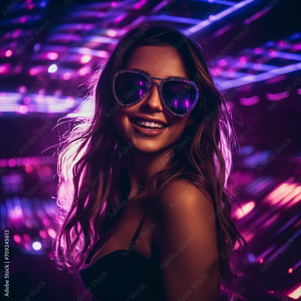 Portrait of a happy girl in a night club with purple and pink spotlight wearing sunglasses. Young woman in a nightclub with laser lights 