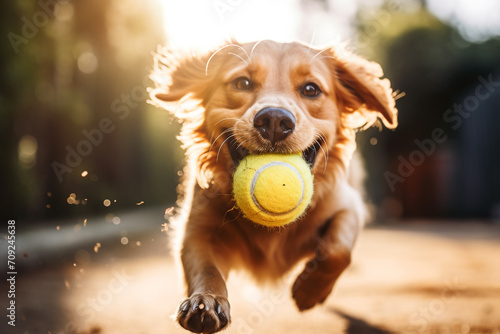 Happy dog playing with a ball in summer. Playful dog. Adventures with your dog