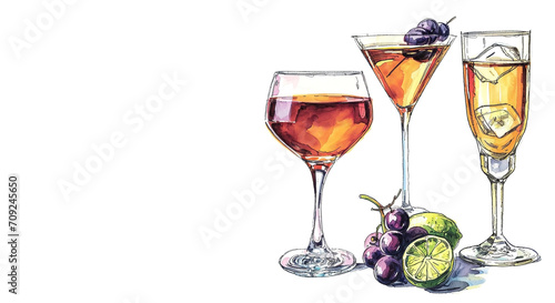 Glasses with alcoholic beverages on white background, space for text on the left, color sketch illustration
