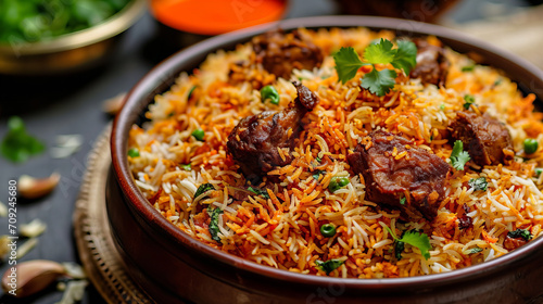 biriyani Indian cuisine dish served in a metal bowl