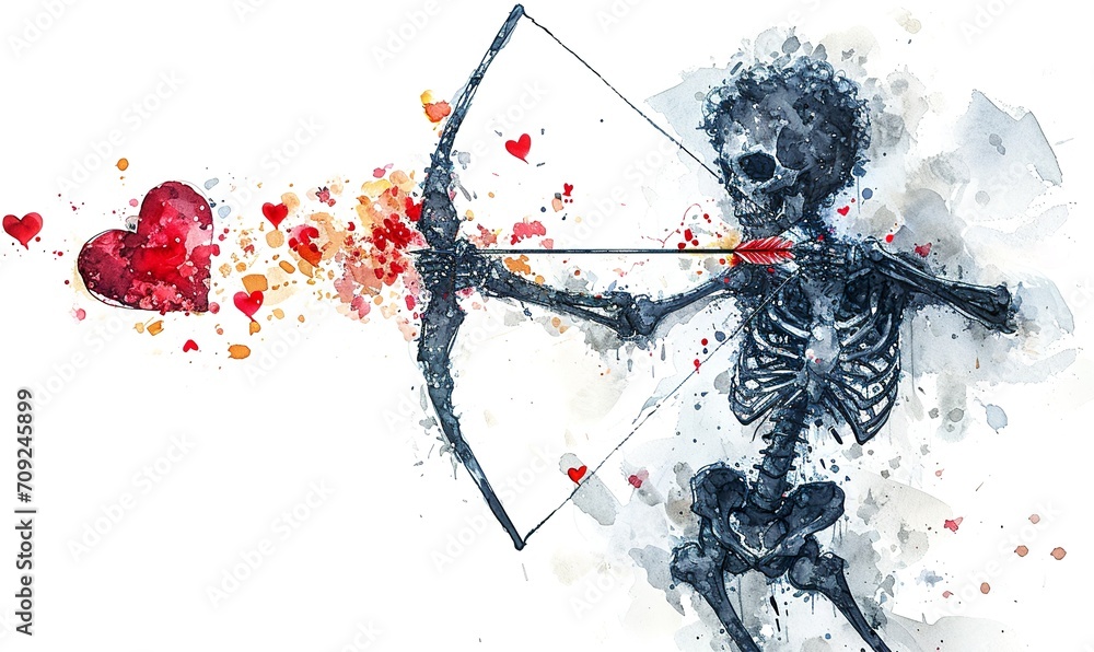 cute illustration, of a sinister looking cupid, shooting arrows with heart - obrazy, fototapety, plakaty 