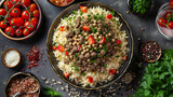 Egyptian vegan street food koshari served in a metal pot, top view