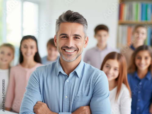 Portrait of smiling male teacher in a class at elementary school looking at camera with learning students on background 