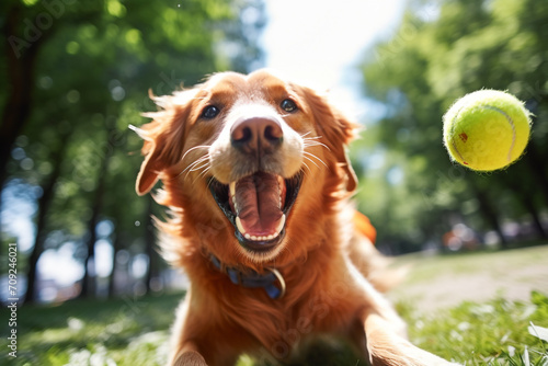 Happy dog playing with a ball in summer. Playful dog. Adventures with your dog