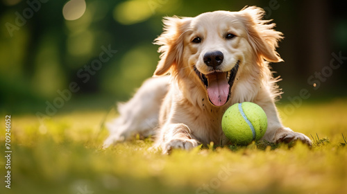 Happy dog playing with a ball in summer. Playful dog. Adventures with your dog