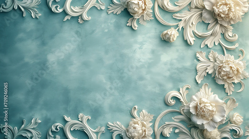 Background, texture, blue paper decorated with white flowers in baroque stucco style photo