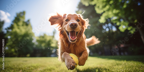Happy dog playing with a ball in summer. Playful dog. Adventures with your dog photo