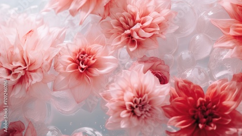 Abstract background of close up of pink and red frozen flowers in ice