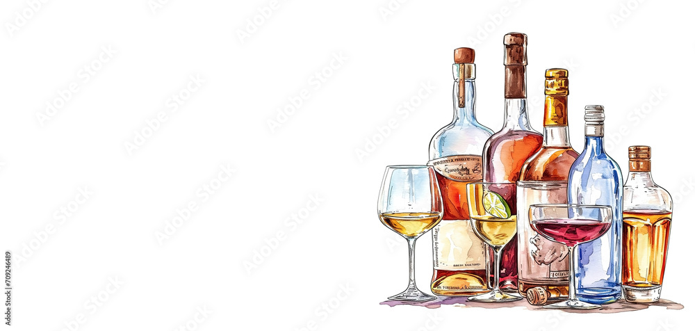 Bottles and glasses with alcoholic beverages on white background, space for text on the left, color sketch illustration