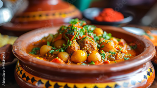 tagine - Moroccan speciality in a clay bowl, closeup photo