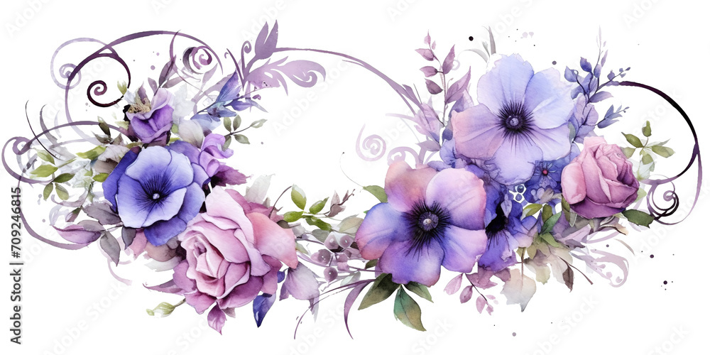purple flowers in painting watercolor design isolated against transparent background - obrazy, fototapety, plakaty 