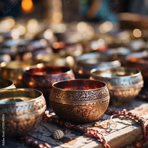 Sound healing concept. Singing bowls on blurred background. mental health, therapy, healing frequencies, wellness, meditation style.