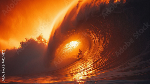 A breathtaking moment frozen in time as a skilled surfer rides a towering wave, bathed in the warm hues of a sunrise, with the water glistening as the surfer skillfully maneuvers t