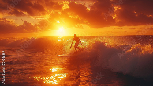 A vibrant beach scene featuring a surfer paddling out to catch a wave, with the sun casting a golden sheen on the rolling ocean, capturing the anticipation and serenity before the