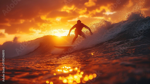 An atmospheric shot of a surfer catching the last wave of the day, the sun setting behind them, casting a warm glow on the water, as the silhouette of their board creates a strikin