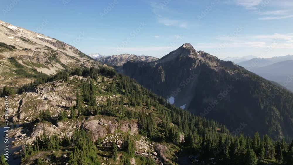 Alpine lakes and mountains showing sky reflection in water with snow on peaks