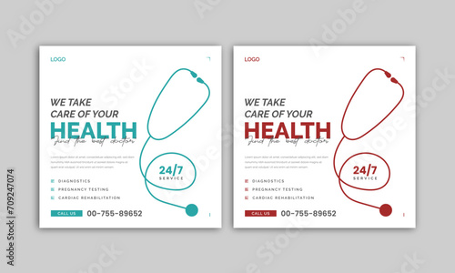 Health and medical social media banner layout. Stethoscope social media poster vector illustration.
