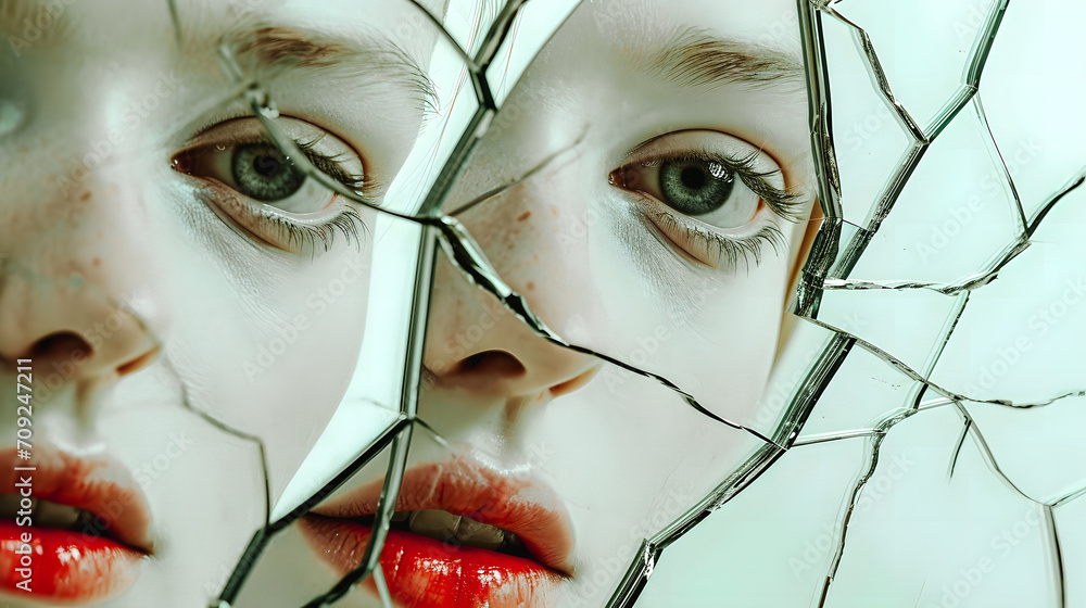 Reflet d'un visage de femme dans un miroir cassé - obrazy, fototapety, plakaty 