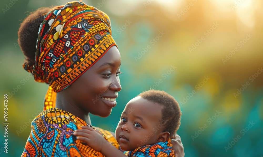 Pretty African woman holding a newborn baby in her arms - obrazy, fototapety, plakaty 