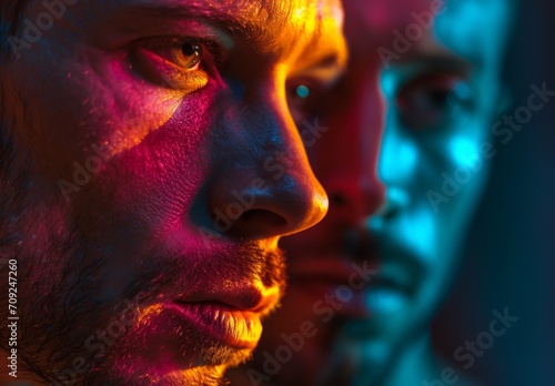 Intense Colors of Queer Identity. Two men's faces illuminated by multicoloured lights.