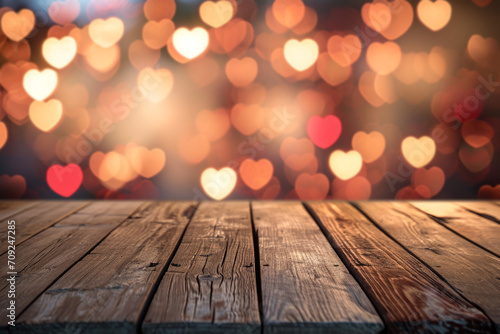 empty wooden table with defocused bokeh hearts and rounds in colorful, template with heart symbols, a mockup scene for Valentine's Day photo
