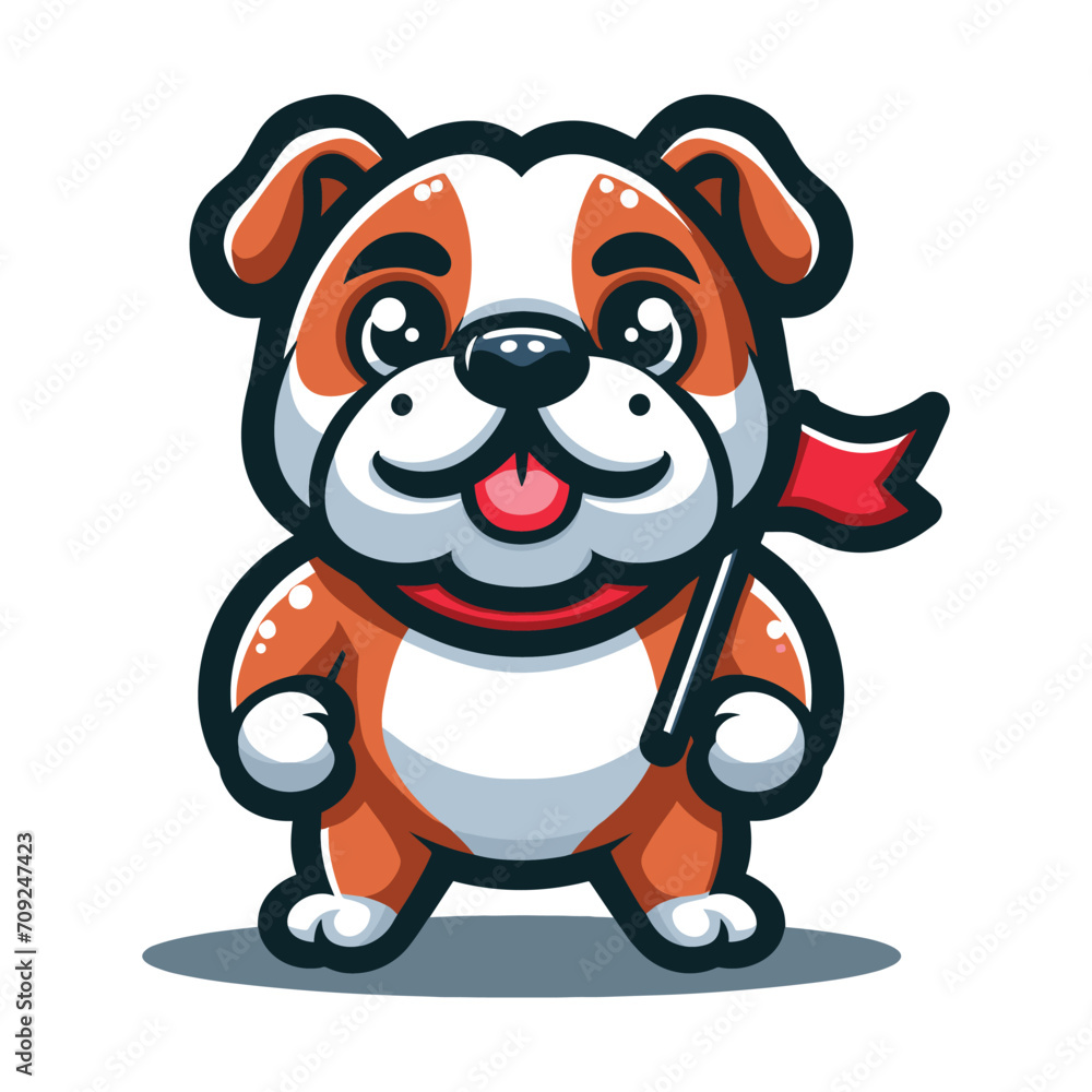 Cute cartoon bulldog puppy holding red flag mascot character design vector, logo template isolated on white background Cute cartoon bulldog puppy holding red flag mascot character design vector, logo template isolated on white background