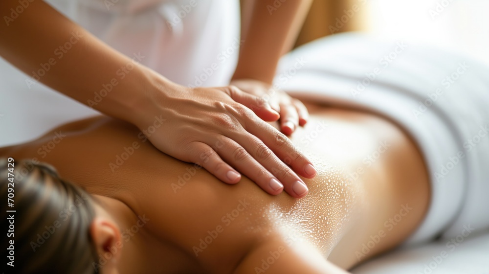 Expert hands gliding on a moist back with massage oil, offering a luxurious and relaxing spa treatment. The emphasis on well-being and tranquility is palpable