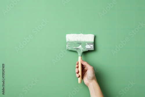 Hand painting a green wall with a paintbrush.