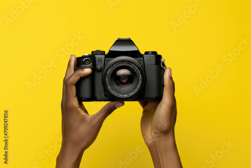 Hands holding a vintage camera against a vivid yellow backdrop.
