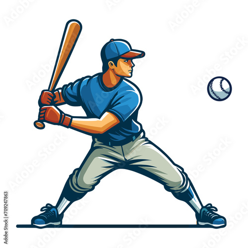 Baseball softball player in action vector illustration, hitter swinging with bat design template isolated on white background