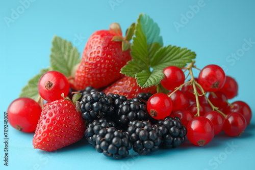  Red and black currants with strawberries on a blue background