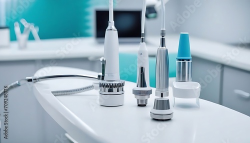 Dental equipment. Closeup photo of dental handpieces. Dental drills in dentists office photo